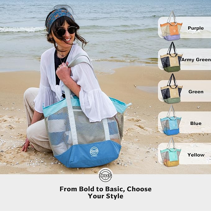 STOVER Large Mesh Beach Bag, Vacation, Pool, Shopping, & Travel Tote - Foldable w/Storage Pockets for Women, Men & Families