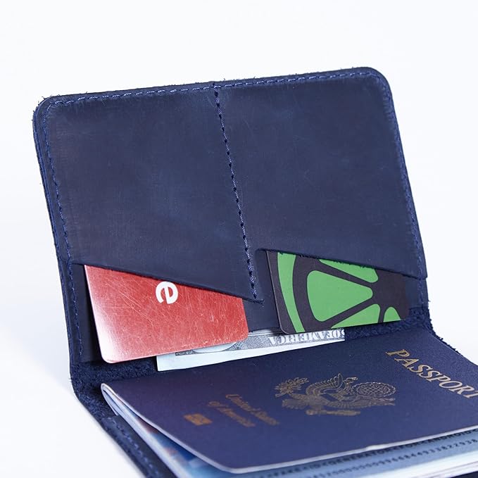 INCARNE US Passport Cover Clear - Travel Passport Wallet - Leather Passport Holder for Men Women Family with Card Slots & Note Compartmen - Sleeve Protector - Genuine Leather - Vintage Blue
