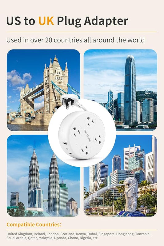 UK Travel Plug Adapter - Retractable Power Strip with 4 AC Outlets & 3 USB Ports (USB-C), Type G Adapter for US to UK, Ireland, Scotland, Hong Kong, Dubai (White)