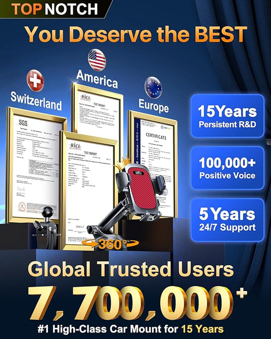2026 Ultimate Best【True Military-Grade & Safety Cert】Car Phone Holder HTU【Upgraded 5-in-1 & 100+LBS Strongest Suction】360 Rotation Truck Windshield Dashboard Vent Mount Stand for iPhone Android, Red