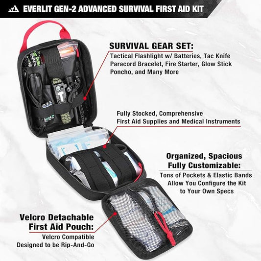 Everlit Survival Upgraded Survival First Aid Kit Emergency Gear Trauma Kit with 1000D Nylon Laser Cut Tactical EMT Pouch for Outdoor, Camping, Hunting, Hiking, Earthquake, Home, Office