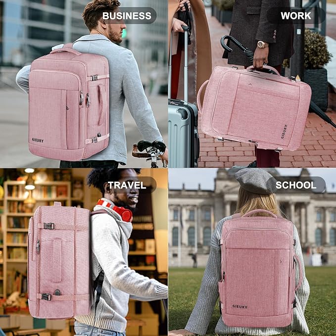 Carry On Backpack for Women, 50L Travel Backpack Flight Approved, Expandable Backpack For Airplanes, 17 Inch Laptop Backpack, Luggage Suitcase Daypack Lightweight Business Weekender Bag, Pink