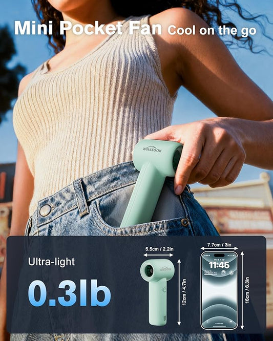 WHATOOK Mini Pocket Fan Portable Handheld Fans,3000mah Small Rechargeable Turbo Personal Fan Travel Essential Outdoor Activities Beach Vacations Camping Gifts for Women face makeup skincare (Green)