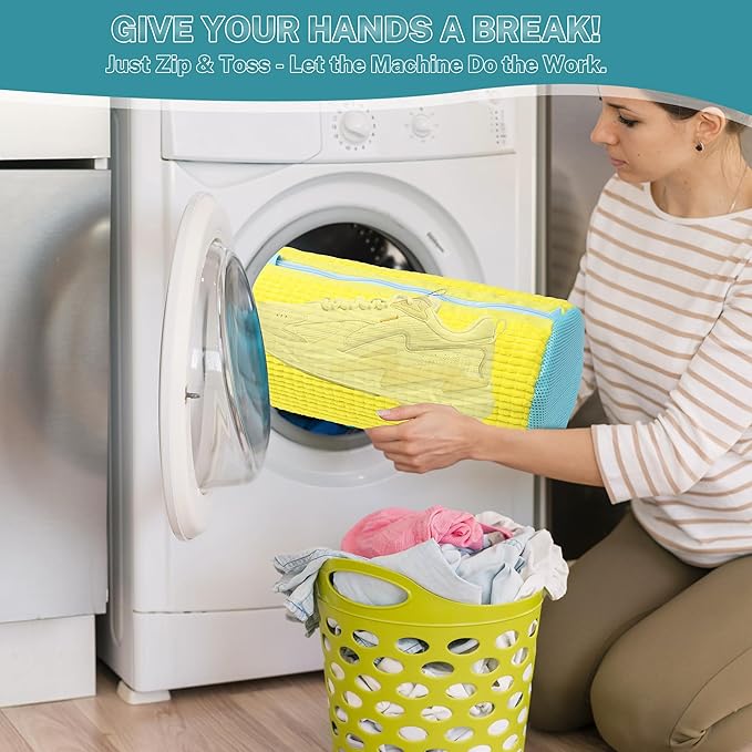 Shoe Washing Machine Bag, 2PCS Reusable Shoe Bag for Washing Machine, 360° Deep Cleaning Shoe Washing Bag for Sneakers, Laundry Shoe Bag for Washer & Dryer, Fits All Shoe Types (Yellow)