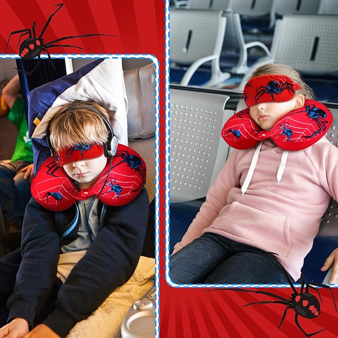 2 Pcs Spider Travel Pillow with Sleep Eye Mask, Cartoon U Shaped Memory Foam Neck Pillow with Washable Cover, Soft Comfortable Head Support Travel Accessories for Airplane Car Train Bus Trips