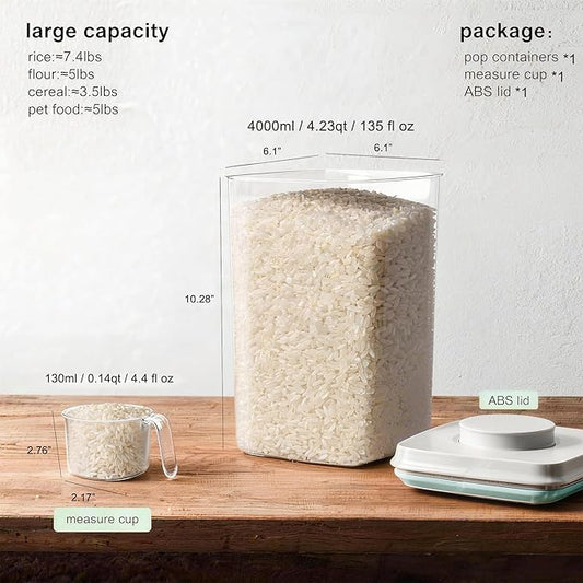 Cozey Daily Pop Food Storage Container Airtight Rice Containers with Pop Lid & 130ml Scoop, 4L / 4.2QT BPA-Free Cereal, Flour, Pasta & Snack Container for Kitchen Pantry Organizer