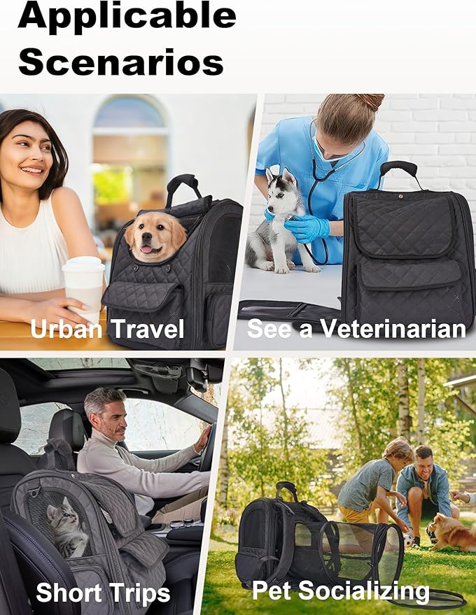 Dog Travel Backpack with Expandable Tunnel for Cats and Dogs up to 17lbs, Secure Carrier with Safety Leash, Soft Cushion, Comfortable Shoulder Straps, Black