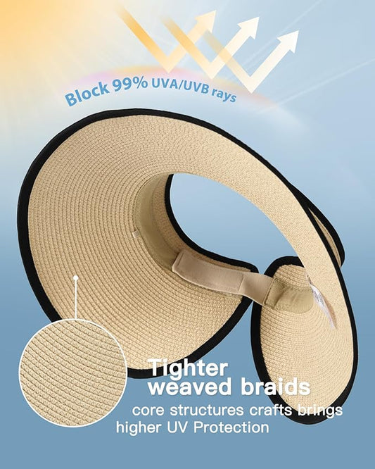 FURTALK Sun Hats for Women Wide Brim Beach Hat Straw Visor Ponytail Summer UV Packable Foldable Beach Vacation Essentials