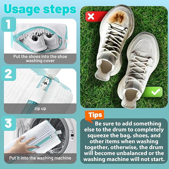 XXL Shoe Washing Machine Bag, Laundry Shoe Bag for Washer and Dryer, Laundry Shoe Bag Protect Sneaker, Running Shoes, Bras, Delicates and Toys, Includes 2 Shoes (White 2 Pack)