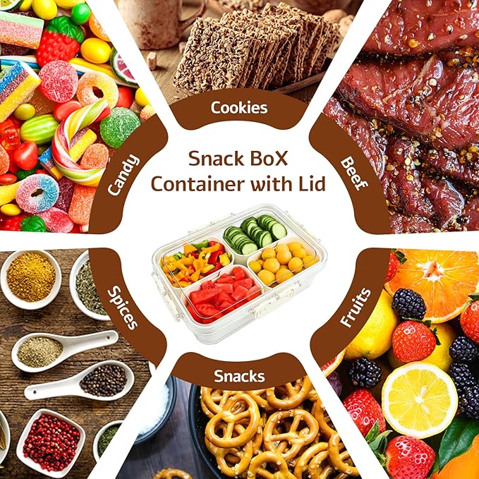 Snack Box Container,Divided Serving Rray with Lid,4 Compartment Snack Containers for Adults,Bento Box Adult Snackle Box Charcuterie Container for Candy,Fruits,Veggie,Perfect for Travel & Picnic