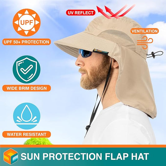 SUN CUBE Wide Brim Sun Hat with Neck Flap, UPF50+ Hiking Safari Fishing Hat for Men Women, Sun Protection Beach Hat