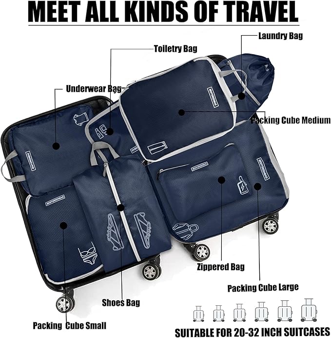 8 Set Expandable Compression Packing Cubes for Suitcases Travel Essentials Carry On Waterproof Storage Bag With Dry And Wet Separation Dark Blue