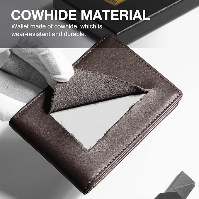 GSOIAX Mens Slim Wallet for Men Minimalist Genuine Leather Carbon Fiber Rfid Blocking Bifold Credit Card Holder With Gift Box (Leather Coffee)