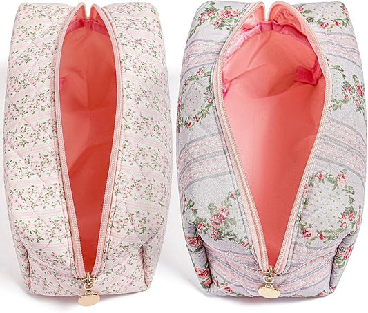 Makeup Bag Travel Cosmetic Bag for Women Girls, Zipper Make Up Pouch, Floral Flowers Toiletry Organizer Makeup, Portable Storage Bag, Cosmetic Travel Cloth Bag (Pink+Blue)