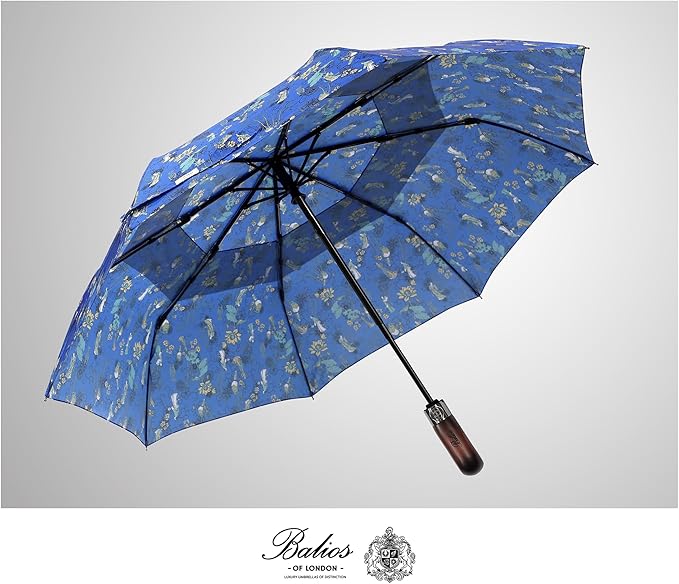 Balios Travel Folding Umbrella with Real Wood Handle Auto Open Close Vented Windproof Canopy - Designed in UK
