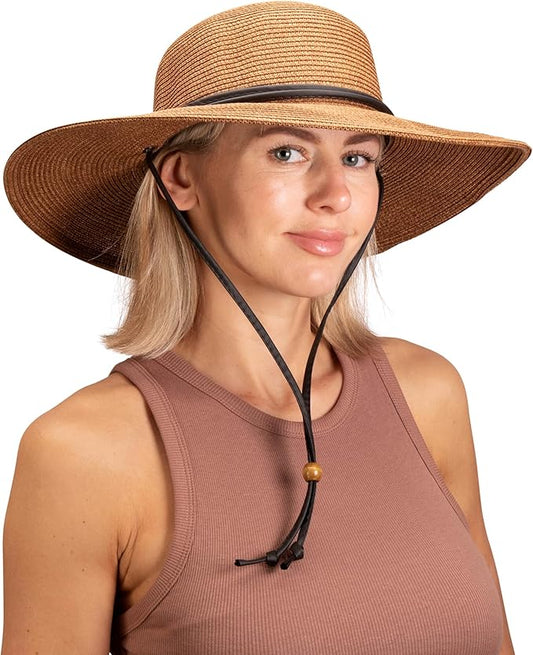 Sloggers Women's Wide Brim Braided Sun Hat with Wind Lanyard - UPF 50+ Maximum Sun Protection