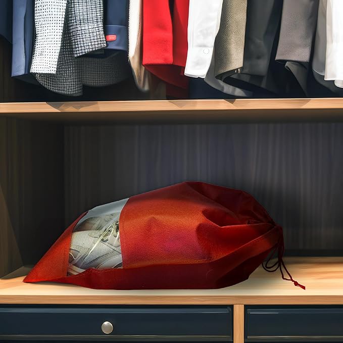 Shoe Bags for Travel, Packing, Storage, Organizing & Suitcase (12 Pack). Reusable Dustproof & Water Resistant Sneakers Pouch Protectors with Clear Window & Drawstrings. (Pink, Azure Blue, Black)