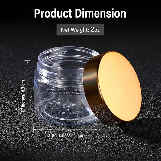 SATINIOR 12 Pack Plastic Container Jars with Lids Round Clear Travel Cosmetic Container Jars for Toiletries, Lotion, Cream, Ointments, Makeup, Rhinestone, Samples, Kitchen Storage(2 oz,Gold)