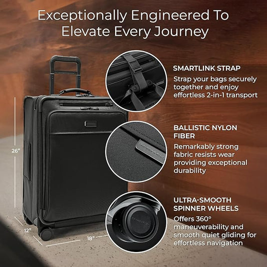 Briggs & Riley 26" Medium Expandable Spinner - Checked Luggage for Travel, Suitcases with Wheels, Softside Rolling Bag for Men & Women, Self-Repairing Zipper - Baseline Collection, Black