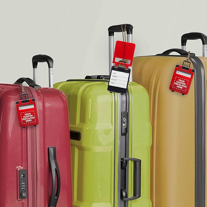 100 Mini Carry-on Luggage Tags Pack - Customizable Text, Logo - Flip Open Cover, ID Sticker - Red