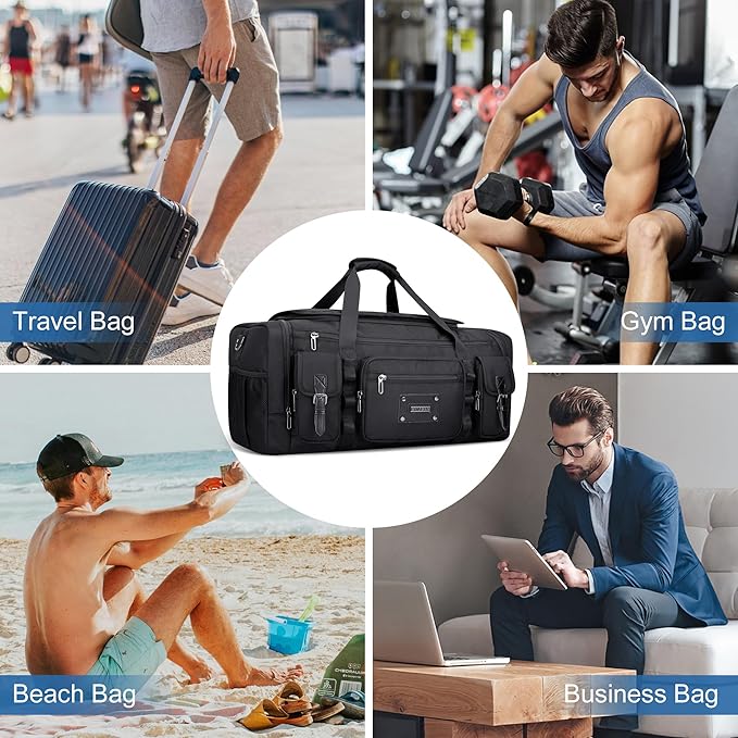 WITZMAN Duffle Bag for Men Large Carry On Weekender Bag 54L Nylon Duffle Gym Bags for Travel with Shoes Compartment(B717 Black)
