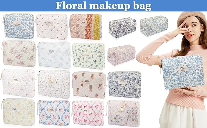 Floral Makeup Bag, Cute Cosmetic Bag for Women Girls, Quilted Cotton Make up Pouch, Travel Makeup Bags, Portable Storage Toiletry Organizer Bag(Pink Floral)