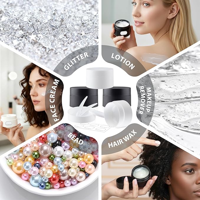 Travel Containers for Creams, Plastic Refillable Mini Lotion Jars with Lids for Toiletries, Leak Proof Small Travel Cream Jars for Face Cosmetic Makeup Beauty Products Sample (50g, 4Pack, Black White)