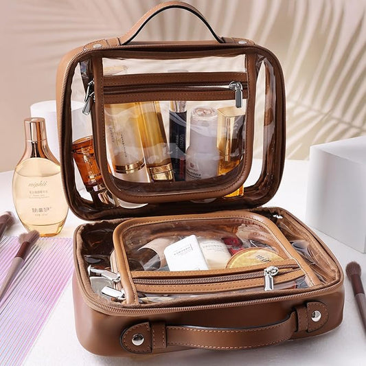SANHECUN traveling toiletry Case large clear cosmetics case makeup bag Dimensions | LxWxH:10” x 4.5” x 7.5”(Brown, Medium)