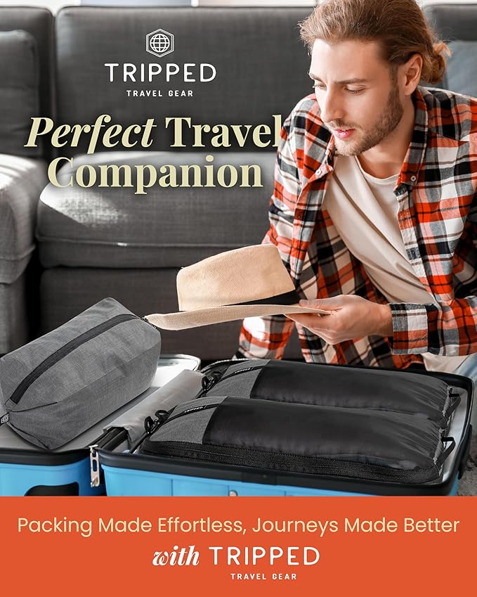 Compression Packing Cubes for Travel by TRIPPED – 6-Piece Premium Set with Laundry & Shoe Bag, Space Saving Travel Organizer Bags for Suitcase & Carry-On Luggage (Grey Mesh)