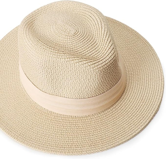 DRESHOW Women Straw Panama Hat Travel Fedora Beach Sun Hat Summer Wide Brim Straw Roll up Hat UPF 50+