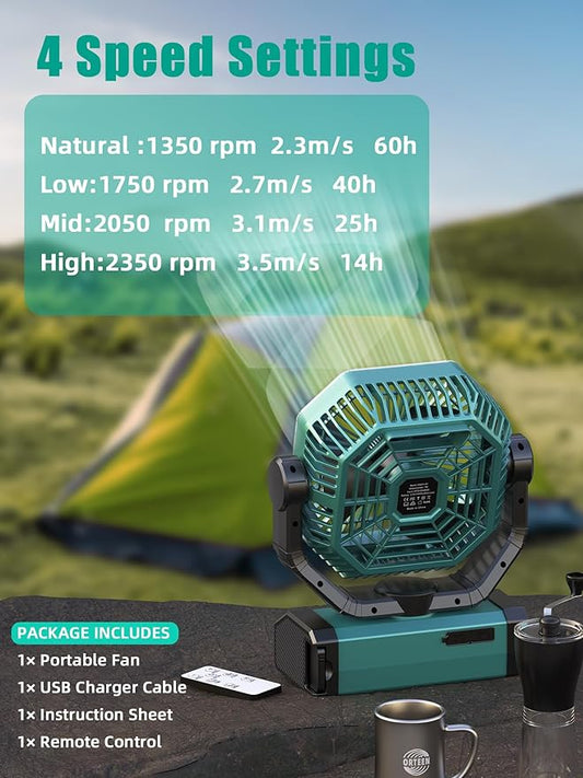 Portable Rechargeable Fan - 9-Inch Camping Fan for Tent, 20000mAh(60Hrs) Battery Operated for Camping, Auto Oscillation Cordless, Tent Fan with Remote/Light, 4 Speeds, 4 Timing, Outdoor
