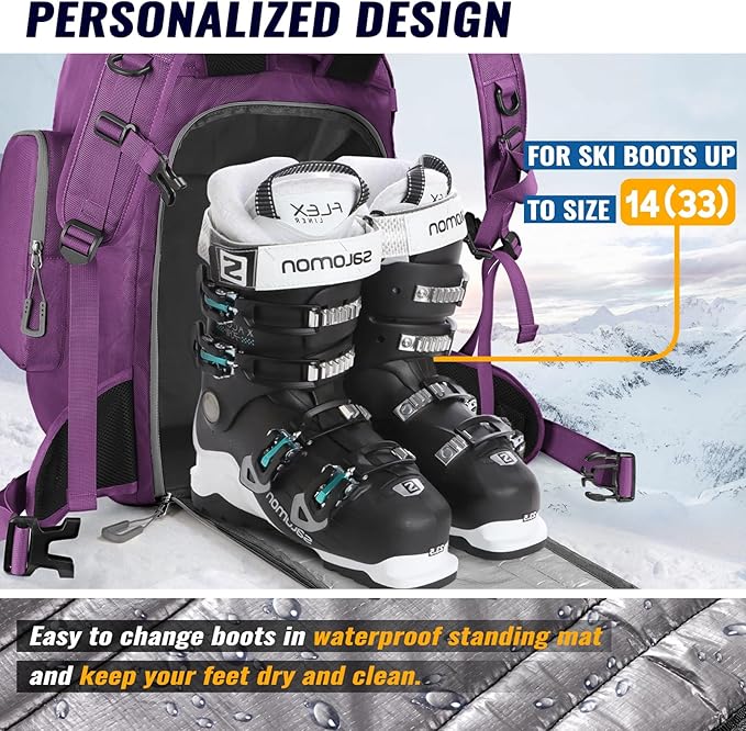 Ski Boot Bag, 65L Durable Travel Backpack, 1680D Nylon Waterproof Snowboard Boot Bag, Skiing and Snowboarding Travel Luggage for Helmet, Goggles, Gloves, Outerwear & Accessories