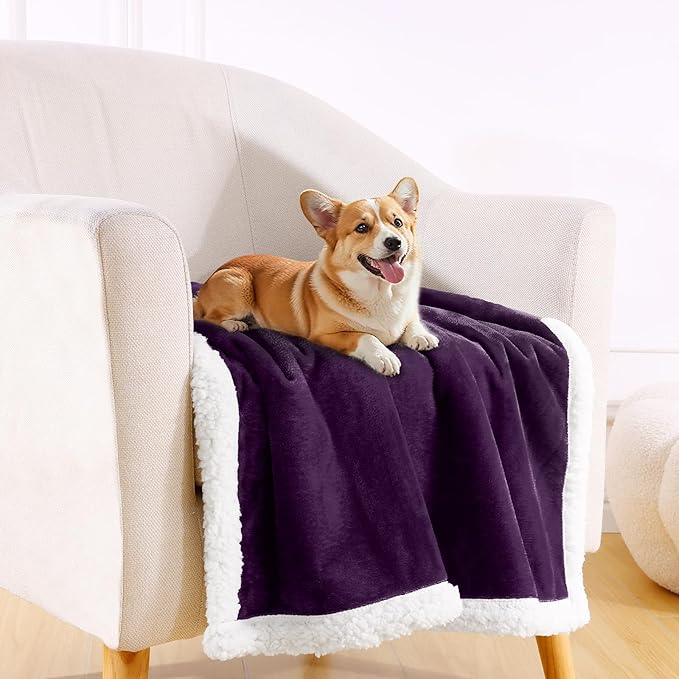 Smiry Waterproof Blanket Throw for Large Dogs, Soft Reversible Dog Blanket for Sofa Couch Bed, Washable Leakproof Sherpa Fleece Furniture Couch Protector(60"x80", Dark Purple/White)