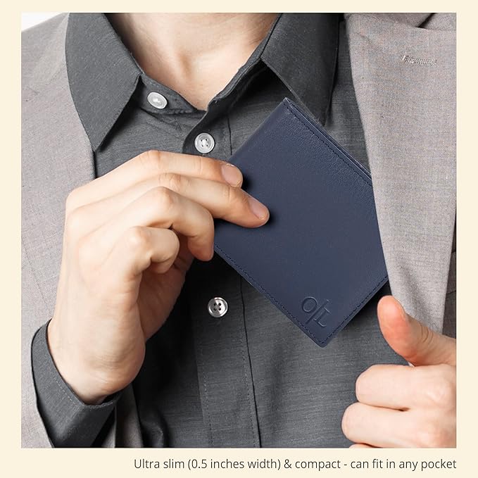 Oak Leathers Slim Leather Wallet for Men - RFID Blocking Slim Minimalist Front Pocket - Thin & Stylish with ID Window, Gift For Men (Orion Blue)
