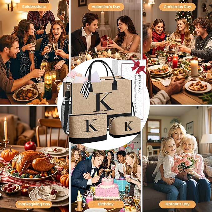 BAGAIL Initial Tote Bag, Personalized Birthday Gifts for Women, Teacher, Friends, Mom, Wedding, Monogrammed Beach Bag