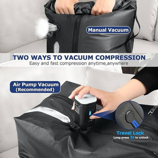 TPU Vacuum Bag for Travel, 70D Nylon Reusable Compression Bag with IP67 Waterproof Zipper, Compression Packing Cubes for Clothing, Space Saver Bags for Luggage and Backpack(Gray-1 PCS + PUMP)