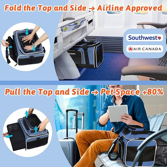 Petskd Top and Side Expandable Pet Carrier 18x13x9.5 Inches Southwest Airline Approved, Soft-Sided Carrier for Small Cats and Dogs with Locking Safety Zippers and Anti-Scratch Mesh(Blue)
