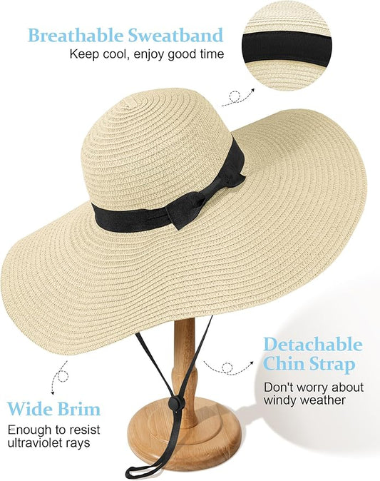Senker Fashion Sun Hats for Women Oversize Wide Brim Straw Beach Hat Floppy Foldable Roll-Up Summer Vacation UPF 50+
