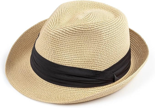 DRESHOW Women Straw Panama Hat Travel Fedora Beach Sun Hat Summer Wide Brim Straw Roll up Hat UPF 50+