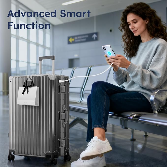 ALPHA CAMP 24 Inch Check-in Luggage, Dual Layer Aluminum Frame Luggage with TSA Locks, 3-Layer PC Hard Shell Zipperless Lightweight Hardside Travel Suitcase, Type-C USB Charging Port, Cup Holder Grey