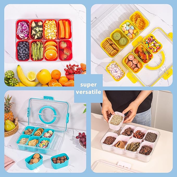 Patent Divided Serving Tray with Lid & Handle - Snackle Box Organizer for Charcuterie, Veggies, Fruits, Candy - Portable Food Storage for Travel, Beach, Picnics(1 pcs, Yellow)