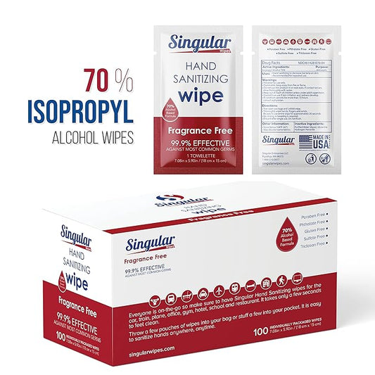Hand Sanitizing Wipes Travel Size by Singular Wipes โ100ct Individually Wrapped | Fragrance-Free, Moisturizing, 70% Isopropyl Alcohol Wipes | Travel, Home, Office, Daily Use | Made in USA