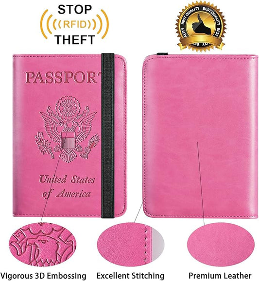 Passport Holder Cover Wallet Travel Essentials RFID Blocking Leather Card Case International Must Haves Travel Accessories for Women Men(101#Pink)