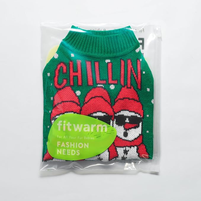 Fitwarm Chillin with My Snowmies Dog Ugly Christmas Sweater, Winter Dog Clothes for Small Dogs Girl Boy, Pet Holiday Sweatshirt, Xmas Snowman Outfit, Green, Red, White, Medium