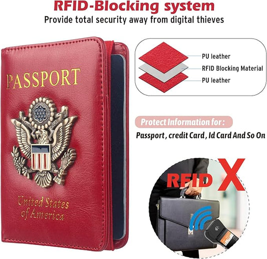 Coowayze US Passport Holder Wallet for Travel Men Women Red RFID Passport Cover Case, Waterproof Red Leather Passport Book Protector with Vaccine Card Slot Travel Document Organizer