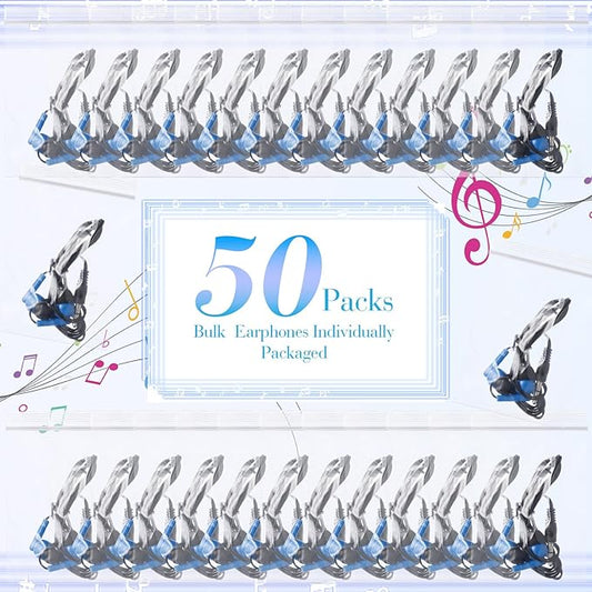 Kanayu 50 Pack Wired Earbuds Bulk for Classroom Ear Headphones Wired Basic Student Earbuds No Microphone with 3.5MM Jack for Class Laptop School Library, Individually Bagged (Dark Blue)