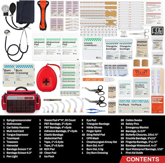 RHINO RESCUE First Responder First Aid Kit Fully-Stocked EMT Bag, Professional EMT/EMS Trauma Medical Kit, Molle System & Reflective Stripe, 300+ First Aid Supplies, Suits for Business, Home (Red)