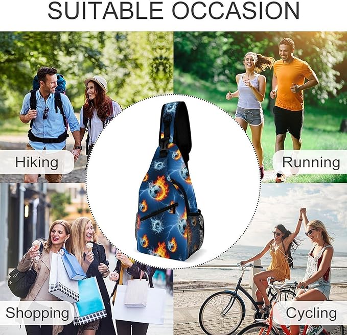 SWEET TANG Men's Crossbody Bag Anti Theft Shoulder Backpack, Funny and Chest Bags Soccer Sports Ball Blue Flame Football for Fishing Cycling Hiking, Lightweight and Large Capacity