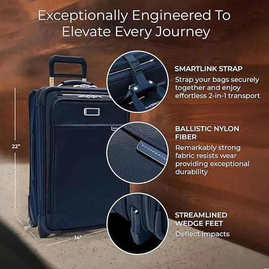 Briggs & Riley Essential 22" 2-Wheel Expandable Carry On - Luggage for Travel, Suitcases with Wheels, Softside Rolling Bag for Men & Women, Self-Repairing Zipper - Baseline Collection, Navy