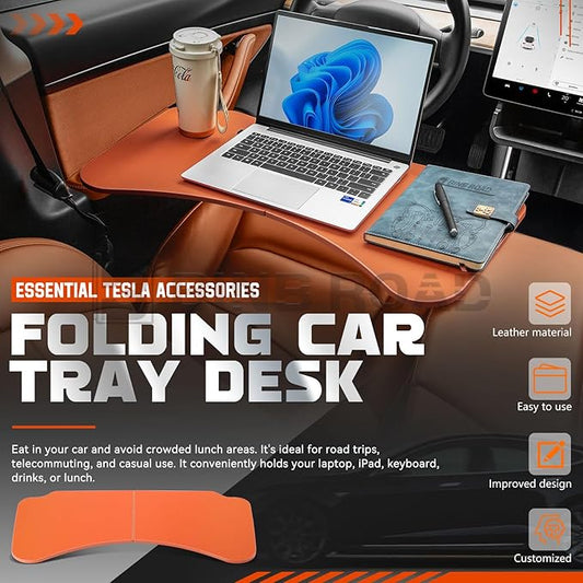 BINB ROAD Leather Tray Table Folding Car Table Compatible with Tesla Model 3 Y – Multi-Use Dining Tray & Laptop Stand, Fits Front Driver & Passenger Seats,Orange